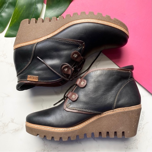 PIKOLINOS Black Maple Leather Wedge Lace up Ankle Boots 39 - Picture 3 of 9